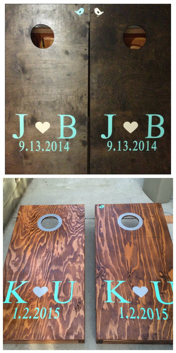 Bride & Groom Initials with Heart and Hole Borders Vinyl Decal Set for Cornhole Game Boards