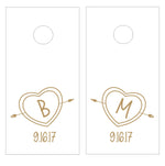 Carved Heart Bride & Groom Initials with Wedding Date Vinyl Decal Set for Cornhole Game Boards